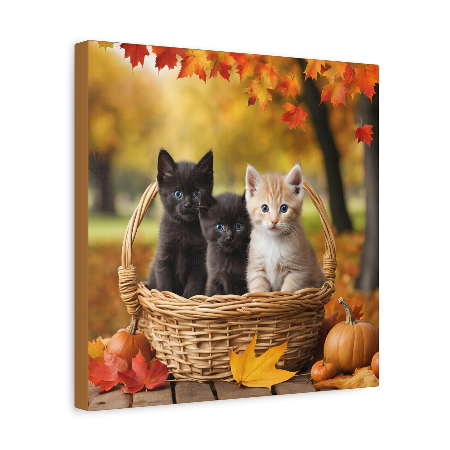 Kittens in Basket Fall Print Wall Art | Matte Canvas, Stretched, 1.25" | Cat Lover | Autumn | Pumpkins |