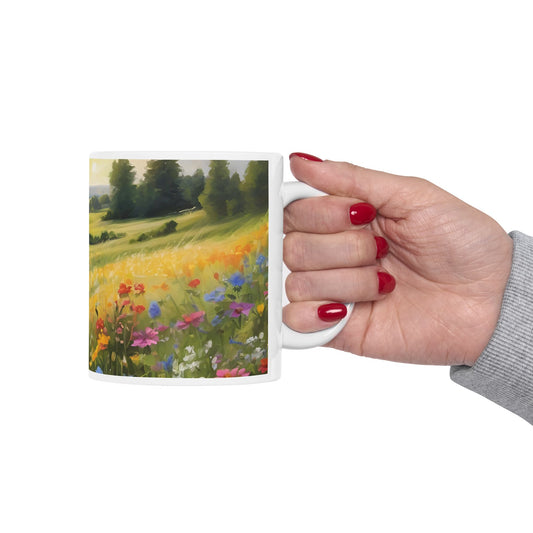 Boho Trendy Bouquet Floral Cottage Core Field of Flowers Ceramic Coffee Tea or Hot Chocolate 11 oz. Mug