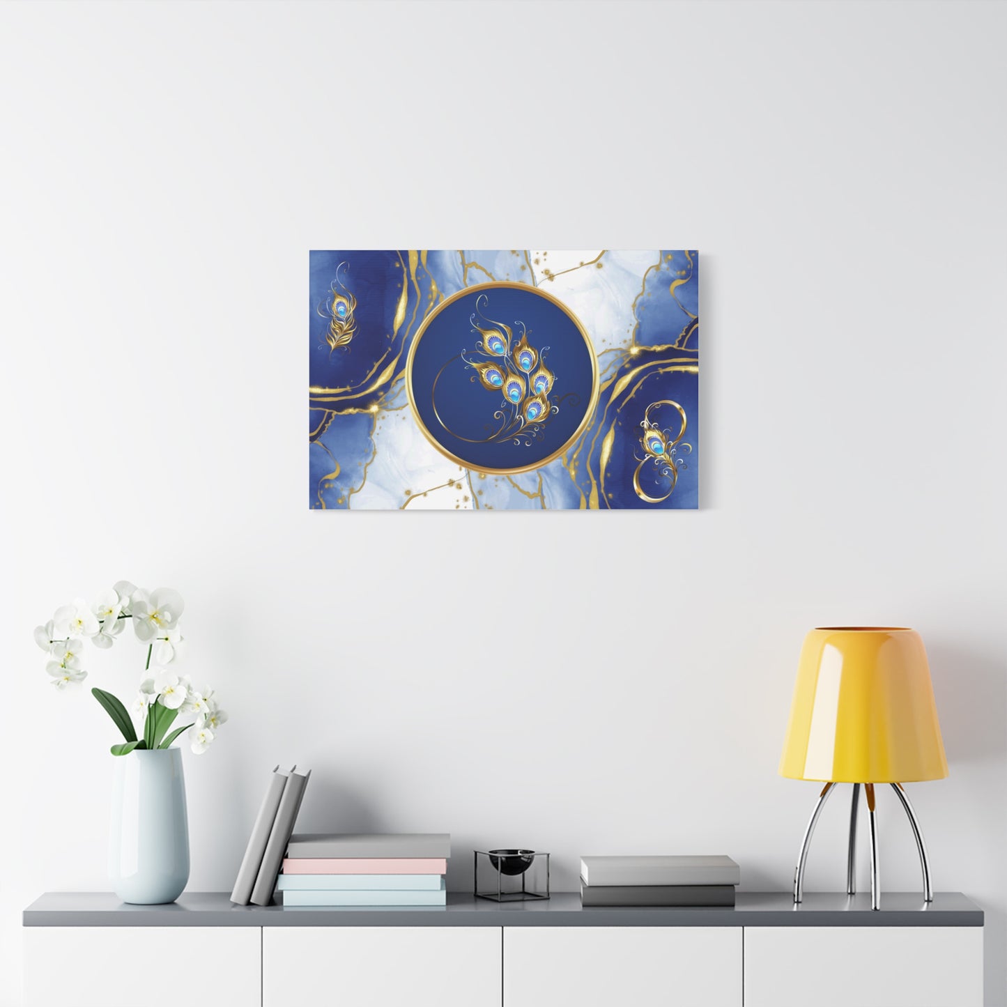 Elegant Abstract Peacock Feather Print Wall Art | Matte Canvas, Stretched 1.25" | Flowers | Modern | Blue and Gold |