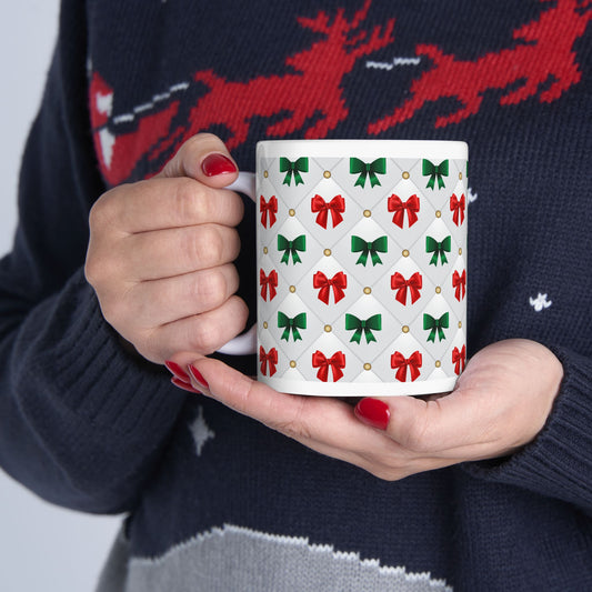 Red and Green Bows Coffee Tea Mug Cottage Core Holiday Gift for Her Christmas Presents Festive Unique Holiday Gift Mug
