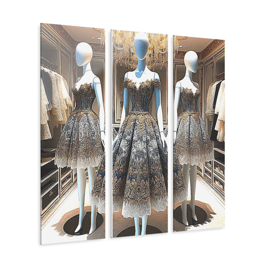 Fashion Formal Runway Damask Design Dress Triptych 3-Panel Acrylic Print Wall Art Unique Haute Couture Fashionista Vintage Style Decor