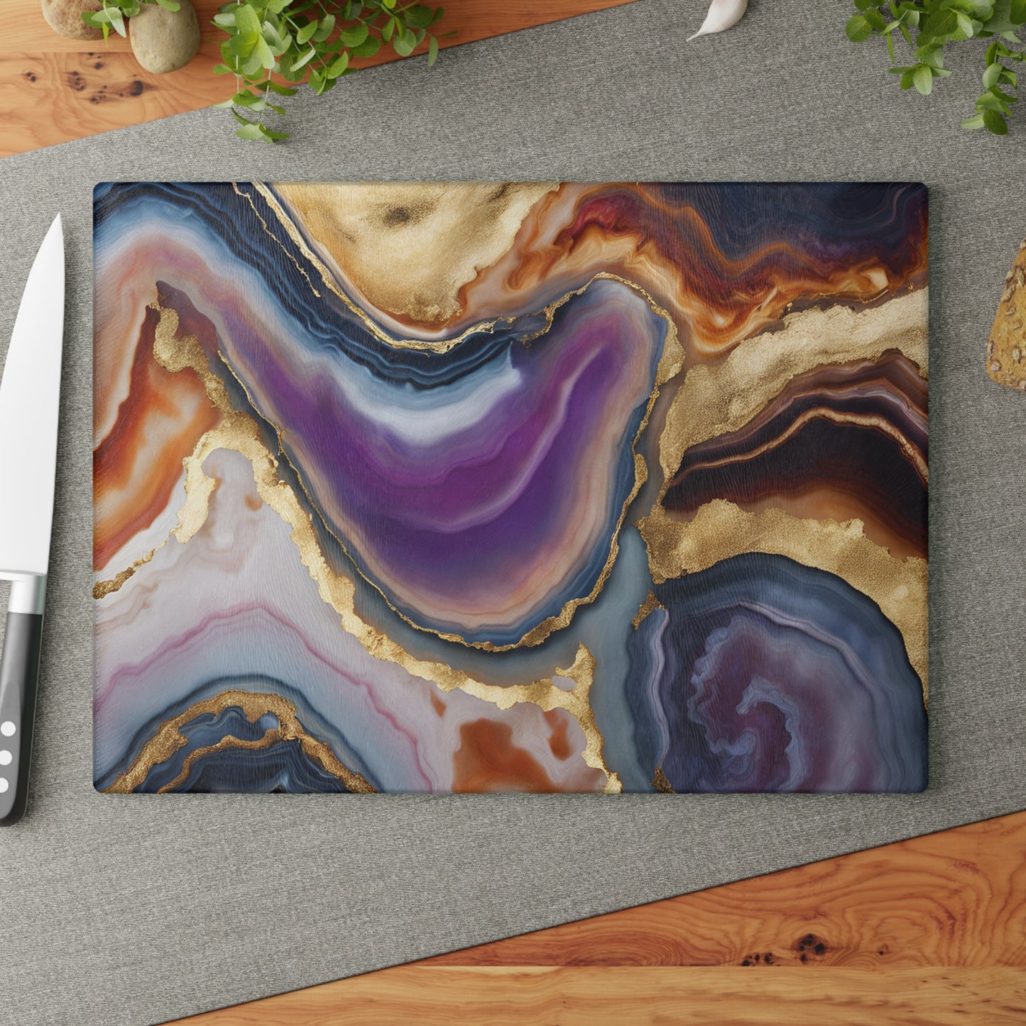 Kitchen Decor Glass Agate-Themed Image Unique Rock Lover Cutting Board Serving Tray Home Cook Gift Marble-look Glass Charcuterie Board