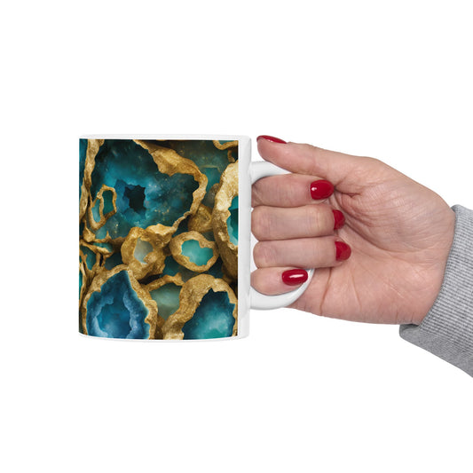 Blue, Green and Gold Crystal Geode Design Coffee Tea Mug Cottage Core Boho Gemologist Gift for Nature Lover Marble Rock Agate Geology Gift