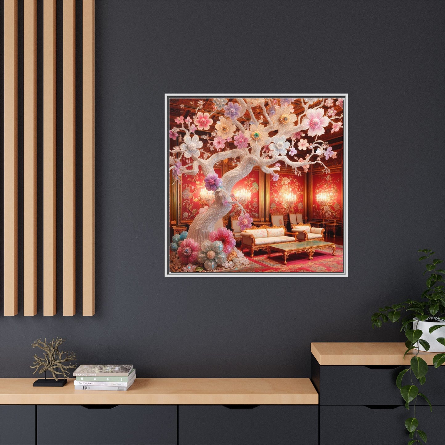 Bejeweled Bonzai Tree Framed Canvas Print Wall Art Unique Nature Lover Asian Art Gift Decor 3 Frame Colors