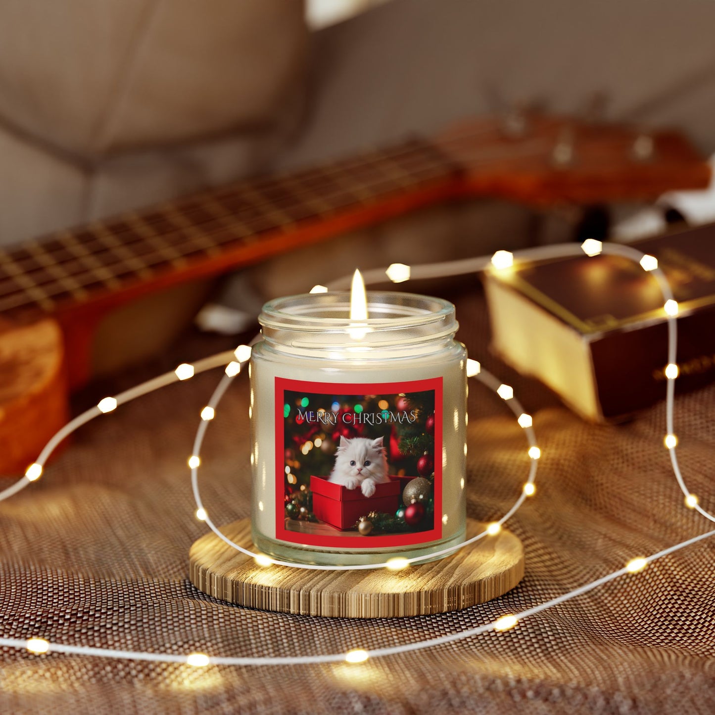 Merry Christmas Kitten Under the Tree Scented Candles Holiday Winter Candle Gift Mason Jar Candle Coconut Apricot Wax (4oz, 9oz)