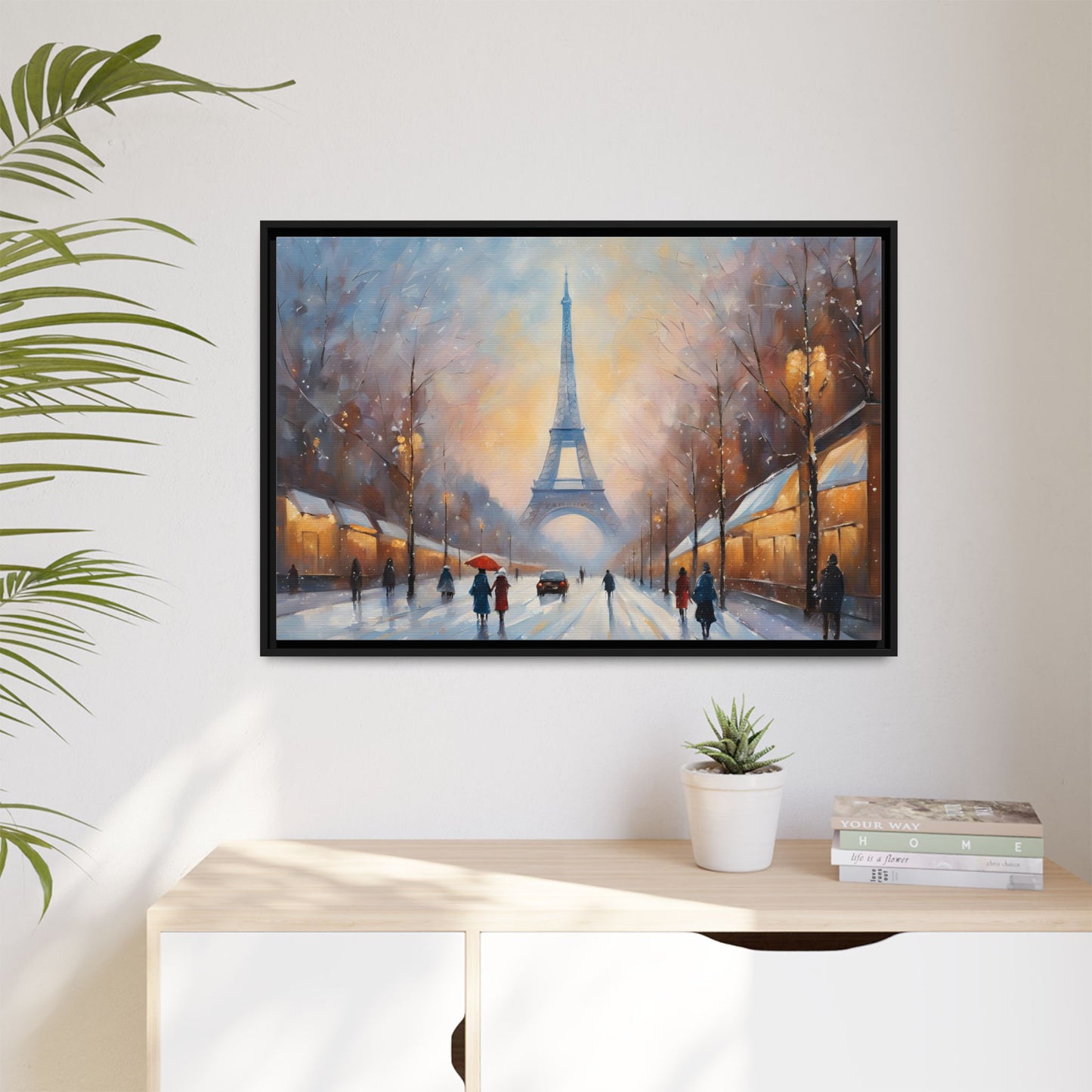 Eiffel Tower in Winter Print Wall Art Matte Stretched Canvas Paris Lover Gift Winter in France, 3 frame colors to choose from