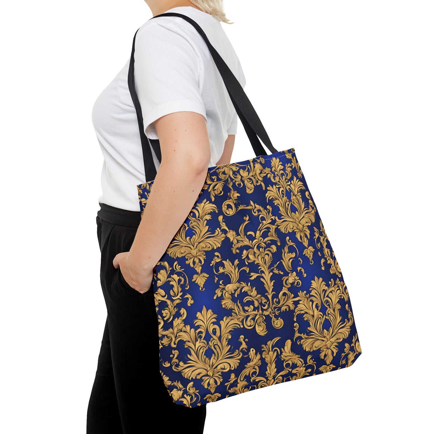 Elegant Royal Blue and Gold Damask Tote Bag | Carryall | Grocery Bag | Shopping Bag |