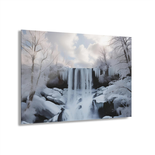 Large Snowy Waterfall Acrylic Print with French Cleat Nature Lover Wall Art Mountain Life Gift Outdoors Artwork Modern Home Decor