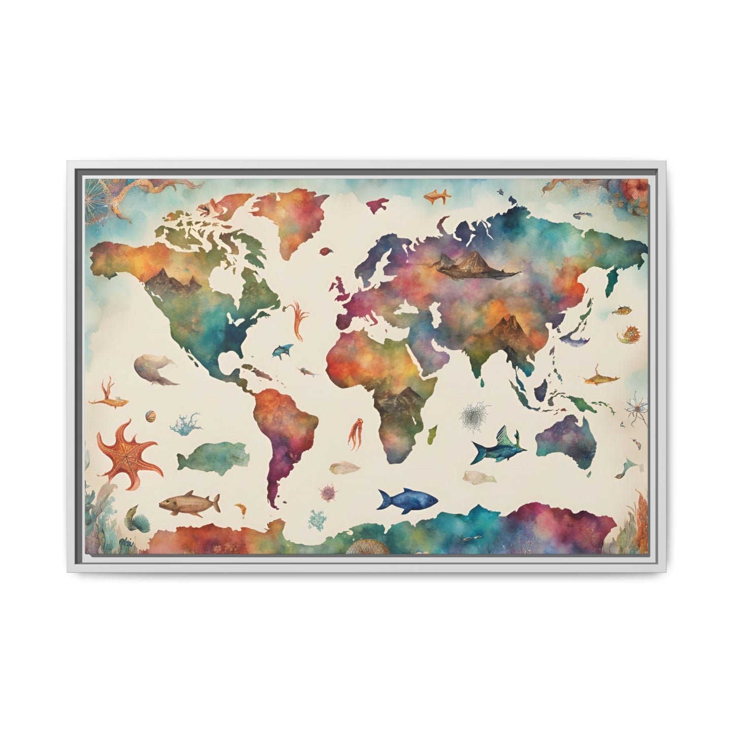 Unique Modern Art Style Colorful Marine Life Themed Global World Map Oceanic Print Matte Canvas Wall Art 3 frame colors to choose from