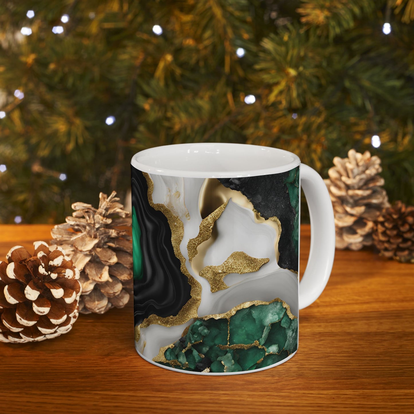 Black, White, Emerald Green and Gold Crystal Geode Design Coffee Tea Mug Boho Gemologist Gift Nature Lover Marble Rock Agate Geology Gift