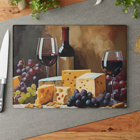 Kitchen Decor Glass Cutting Board Serving Tray with Wine and Cheese Design Cutting Board Gift for Home Cook Charcuterie Board