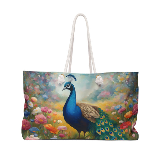 Peacock Wildflower Weekender Tote Bag | Beach Bag | Shopping Bag | Boho | Cottage Core | Floral | Landscape |