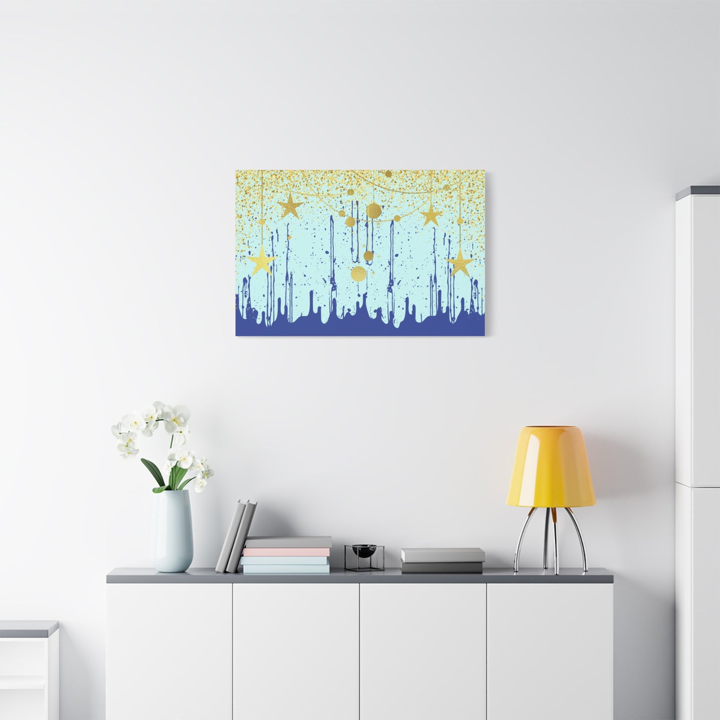 Elegant Abstract Star Print Wall Art | Matte Canvas, Stretched 1.25" | Paint Splatter | Modern | Blue and Gold |