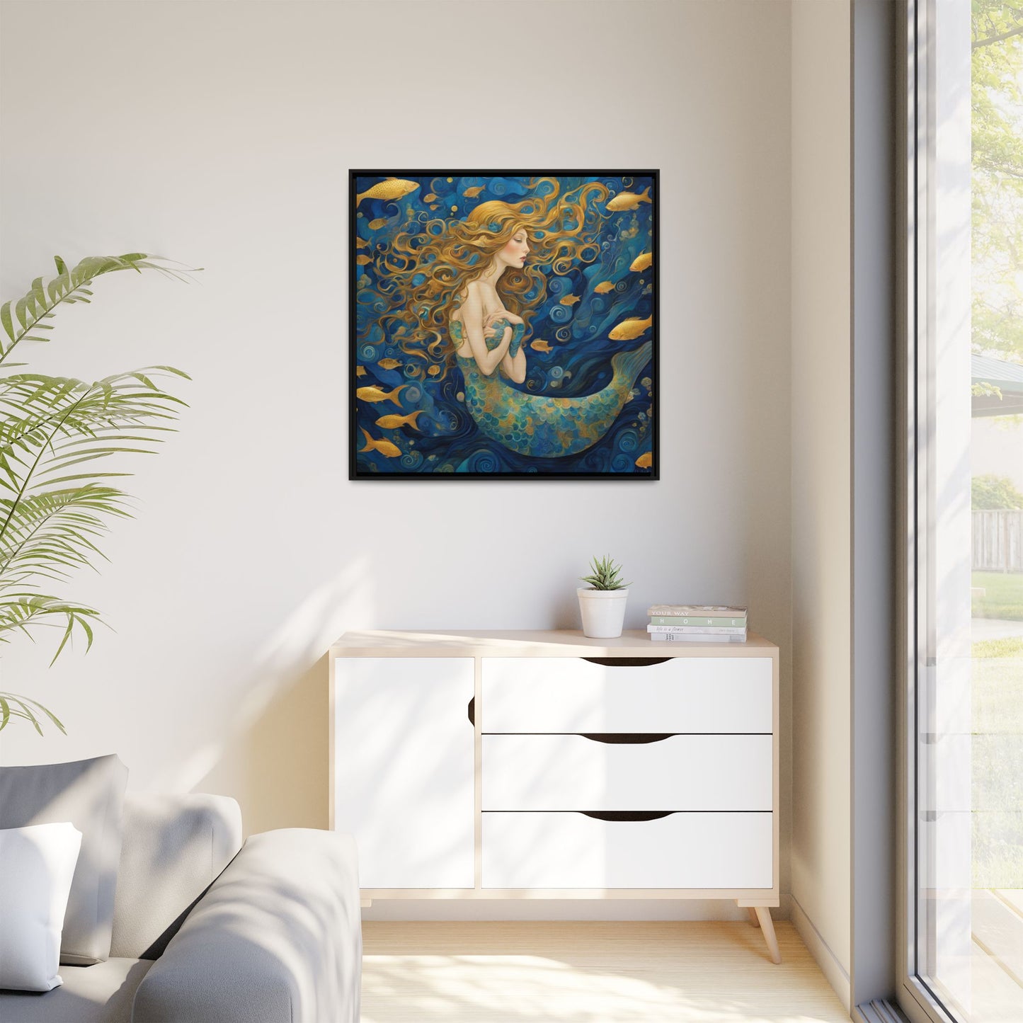 Modern Abstract Mermaid Design Unique Framed Canvas Oceanic Wall Art Underwater Gold Fish Anime Gift Nature Lover Gift 3 frame colors