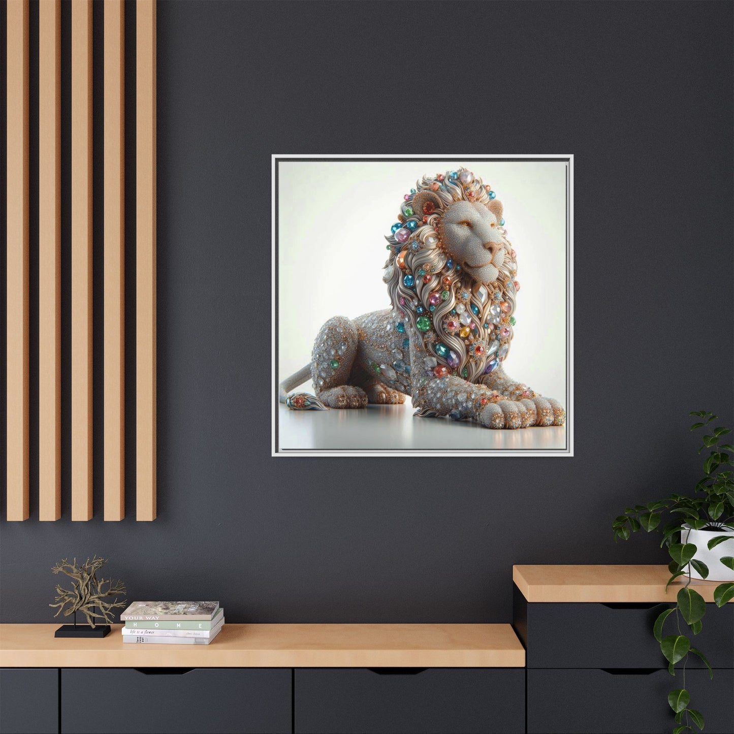 Bejeweled Lion Framed Canvas Print Wall Art Unique Fashion Designer Haute Couture Fashionista Animal Lover Gift Decor 3 Frame Colors