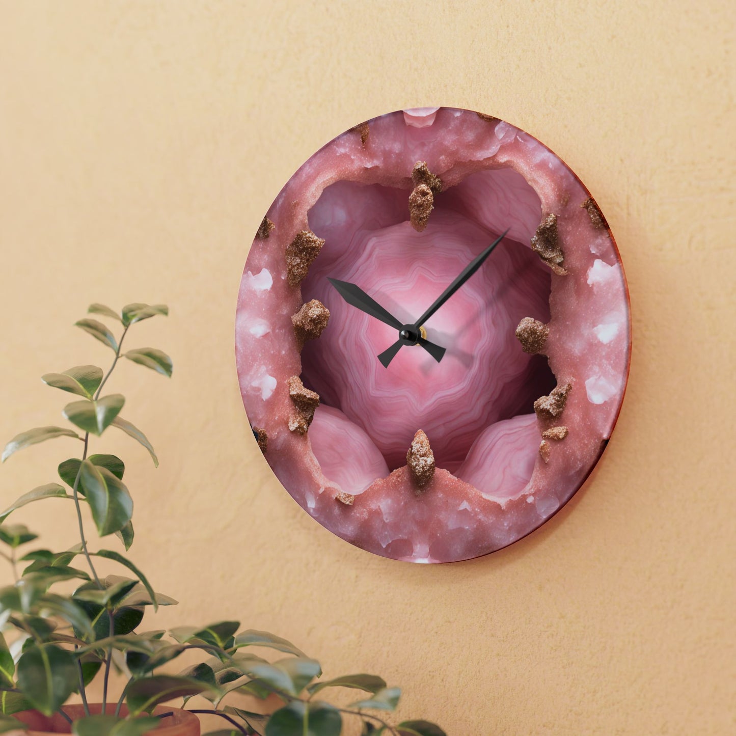 Pink Quartz Crystal Geode Unique Design Acrylic Wall Clock Agate Crystal Lover Gemologist Gift Nature Lover Rock Gift