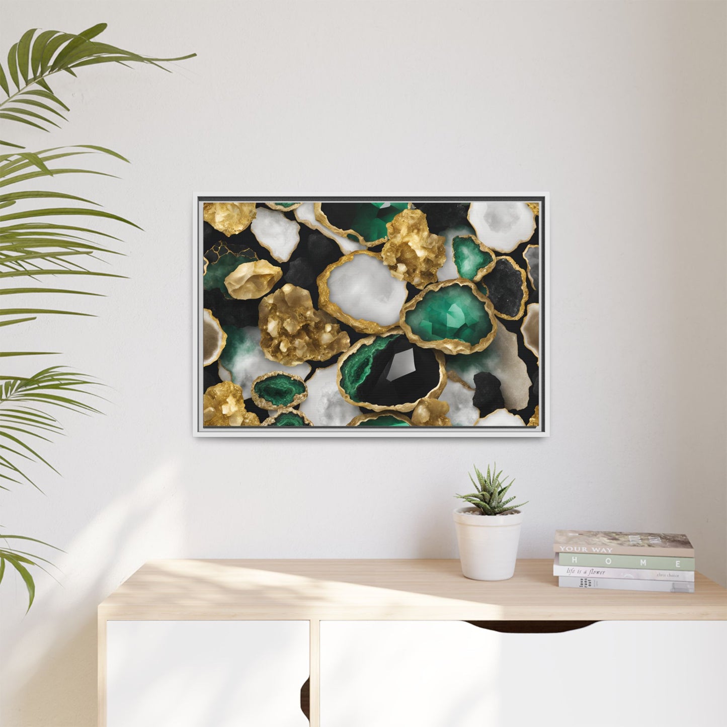 Emerald Green and Gold Quartz Crystal Design Print Matte Canvas Wall Art Nature Lover Gift Geology Rock Lover Gift 3 frame color choices