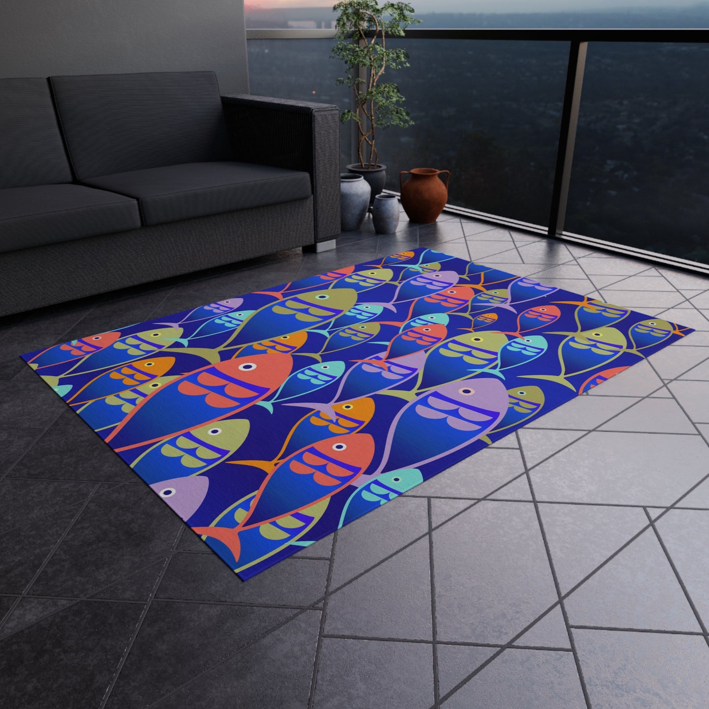 Fish Design Chenille Outdoor Rug with No-Skid Backing Cozy Outdoor Patio Carpet Oceanic Decor Gazebo Rug Pool Area Decor Kitchen Carpet