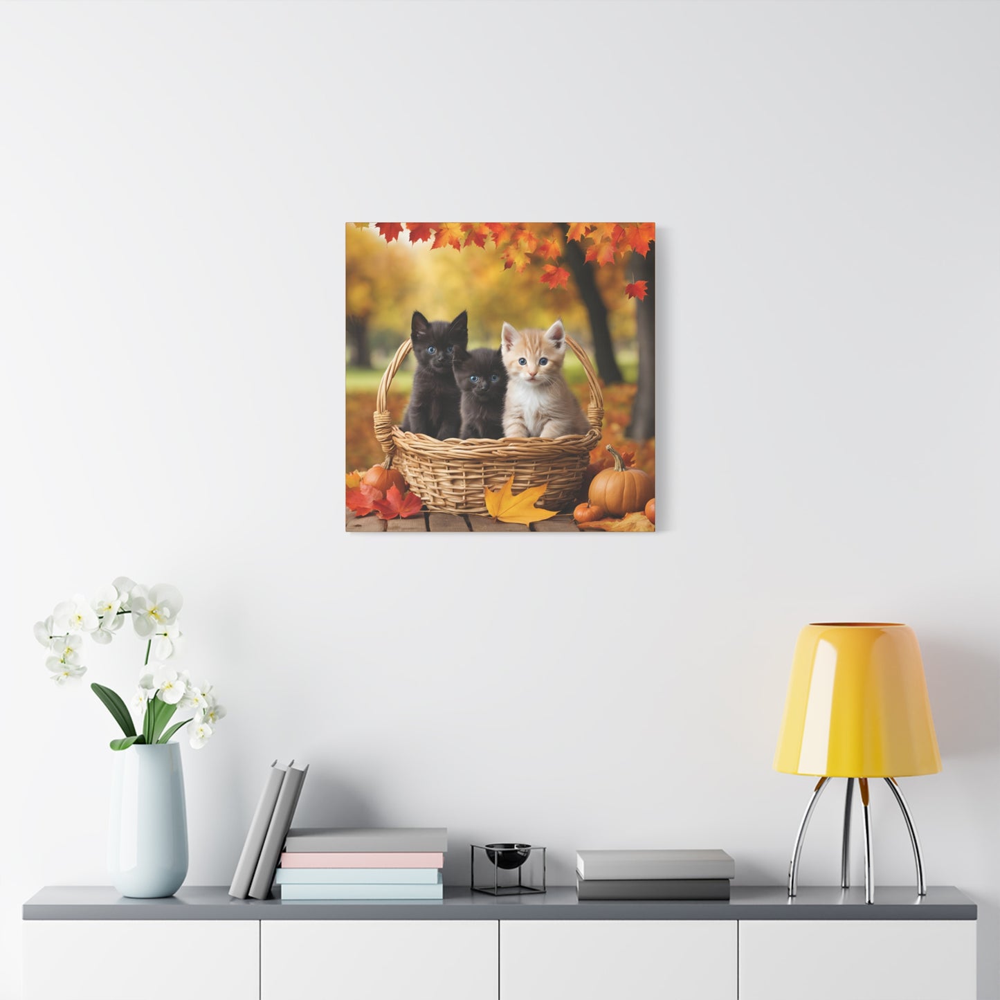 Kittens in Basket Fall Print Wall Art | Matte Canvas, Stretched, 1.25" | Cat Lover | Autumn | Pumpkins |