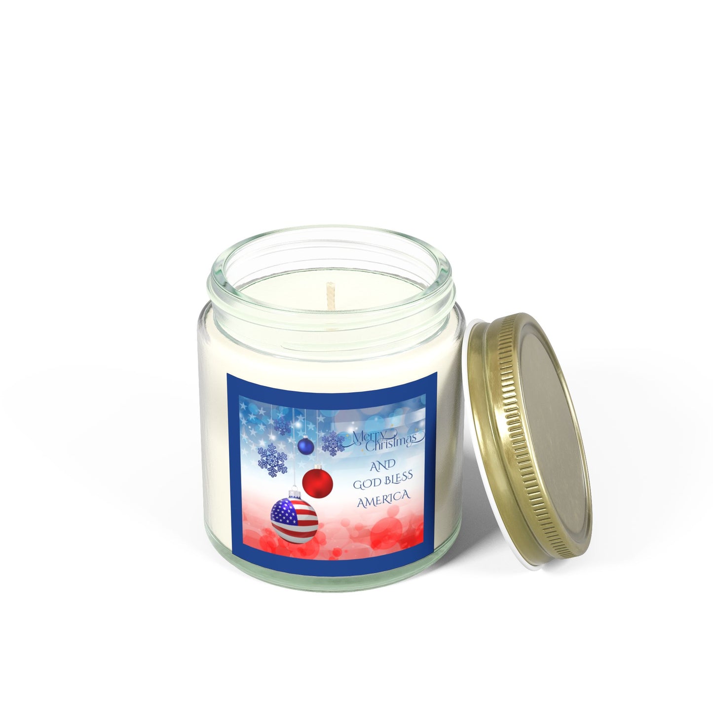 Merry Christmas God Bless America Scented Candles Holiday Winter USA Flag Candle Gift Mason Jar Candle Coconut Apricot Wax (4oz, 9oz)