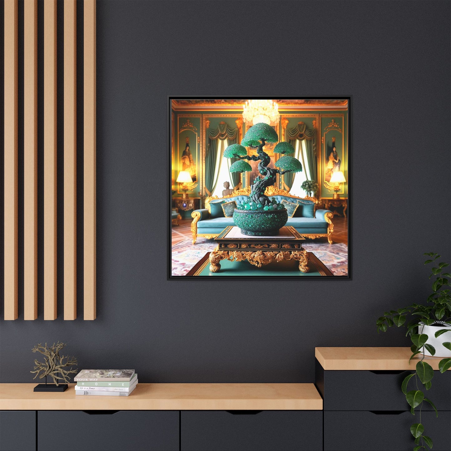 Bejeweled Bonzai Tree Framed Canvas Print Wall Art Unique Nature Lover Asian Art Gift Decor 3 Frame Colors
