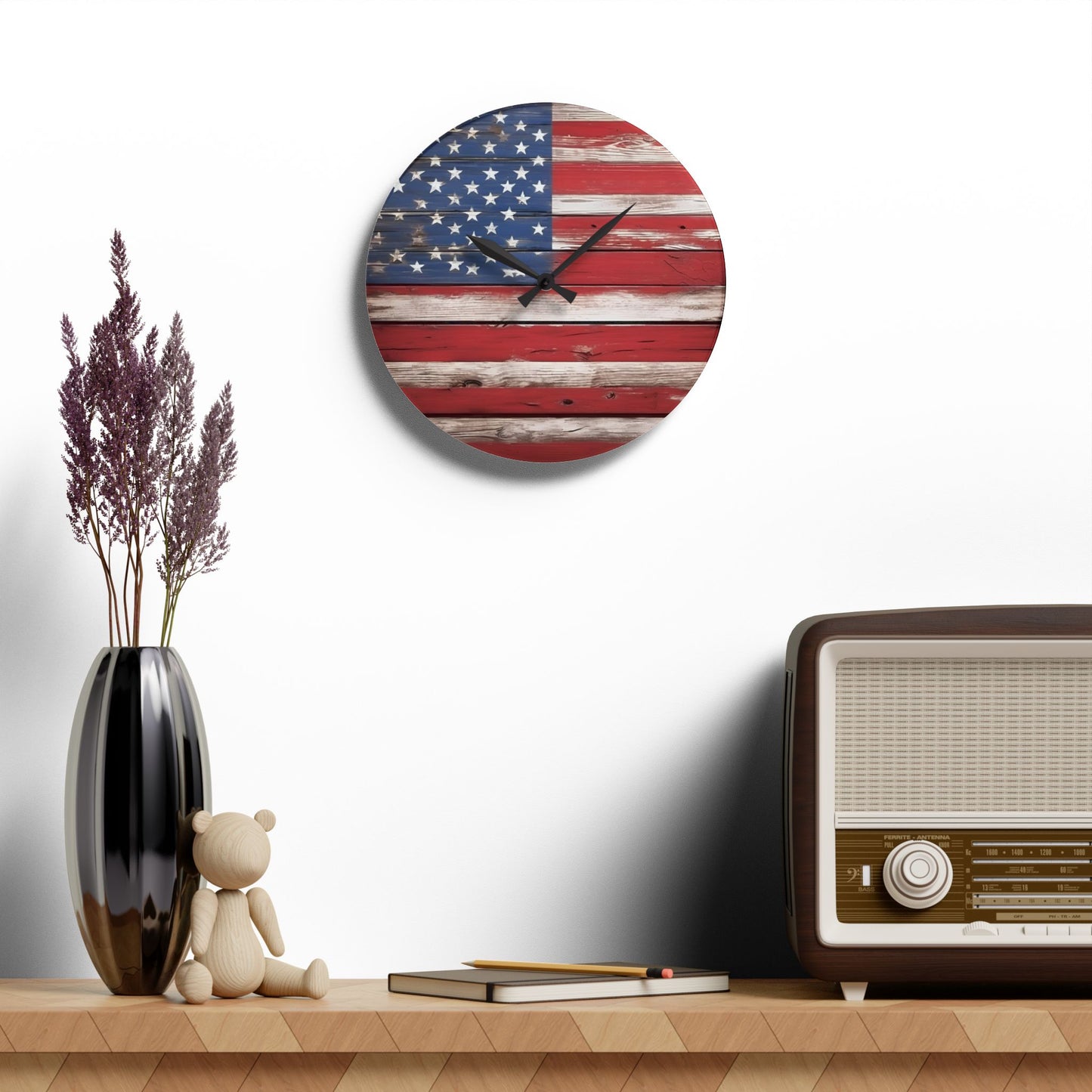 Rustic Wood-look Weathered American Flag Design Acrylic Clock Unique Colorful Wall Clock for Kitchen or Living Room Nature Lover Gift