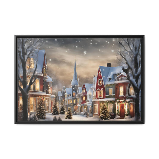 Snowy Scene Christmas Night Town Print Wall Art Matte Stretched Canvas Winter Holiday Christmas Tree Art Scene Cottage Core Old Town