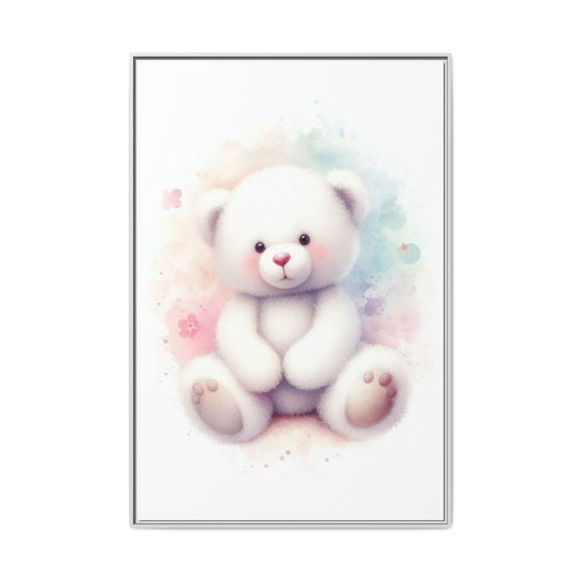 Whimsical Nursery Decor Pastel Teddy Bear Unique Sweet Baby Room Framed Canvas Print Wall Unisex Baby Shower Gift Decor 3 frame colors