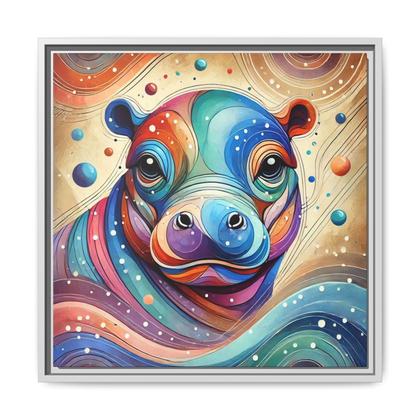 Modern Hippo Print Abstract Design Unique Framed Canvas Print Baby Hippo Wall Art Animal Lover Gift Nature Lover Decor 3 frame colors
