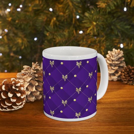 Royal Purple and Gold Coffee Tea Mug Cottage Core Holiday Gift for Her Christmas Ribbon Gift Mug Present