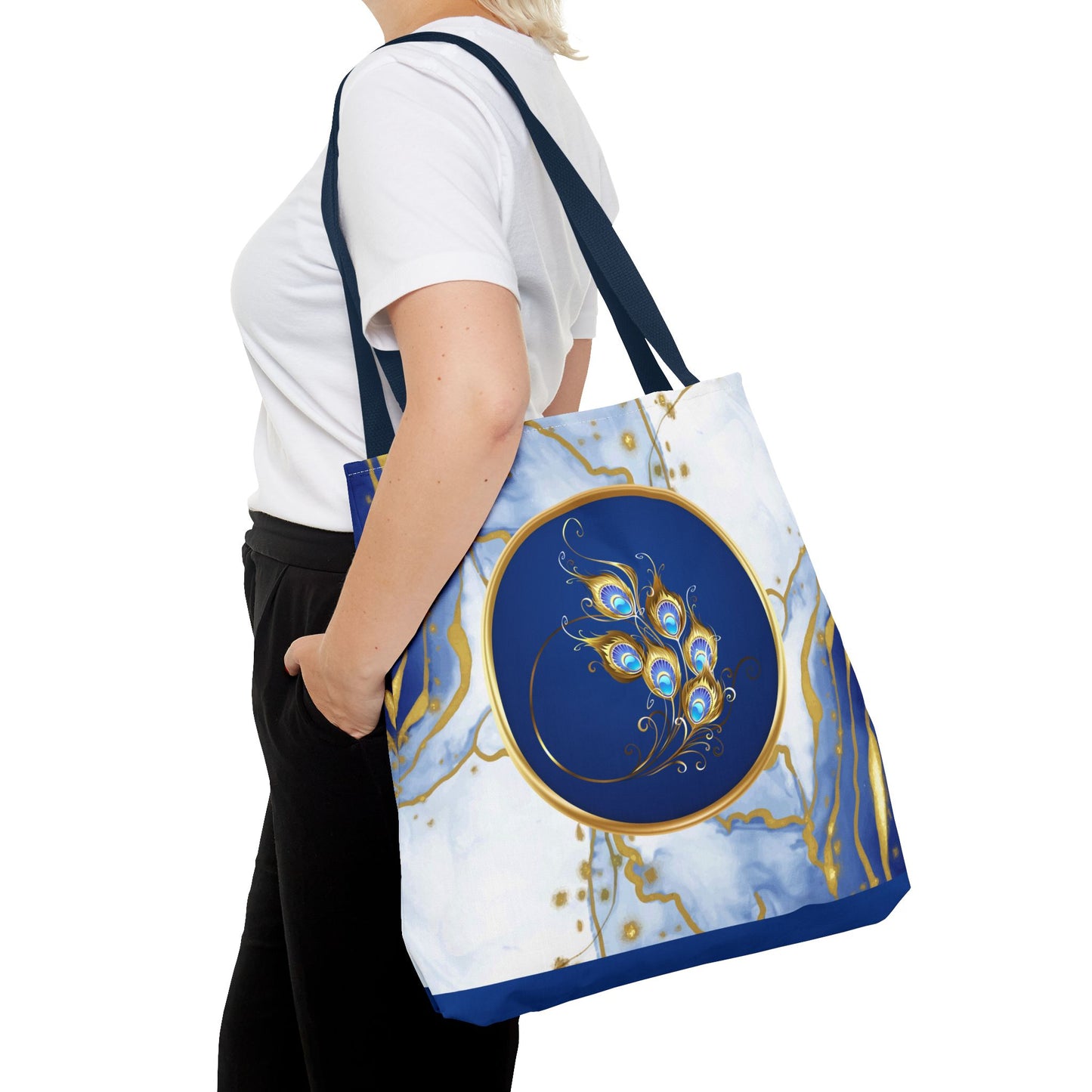 Abstract Peacock Feather Tote Bag | Carryall | Modern Art | Blue and Gold Marble | Art Lover Gift |