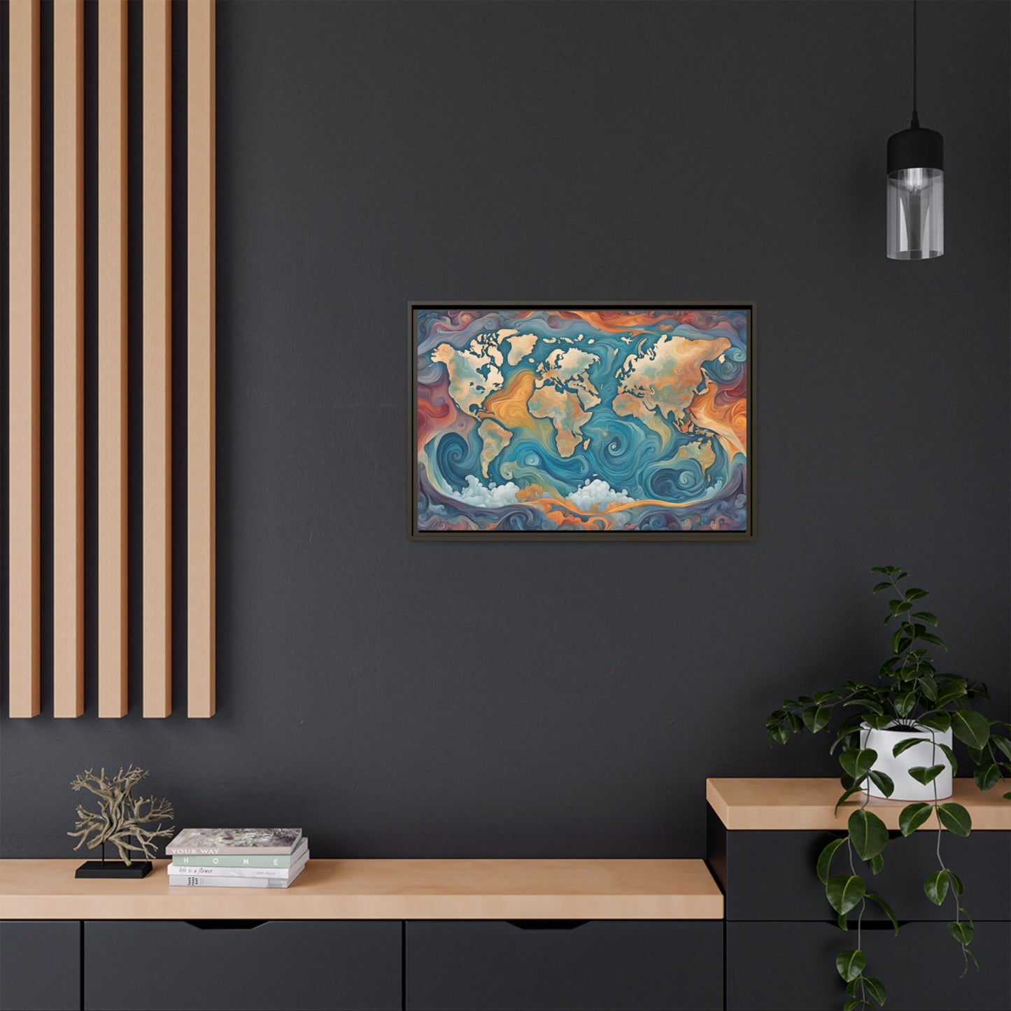 Modern Swirl Art Style Colorful Global World Map Print Matte Canvas Wall Art 3 frame colors to choose from