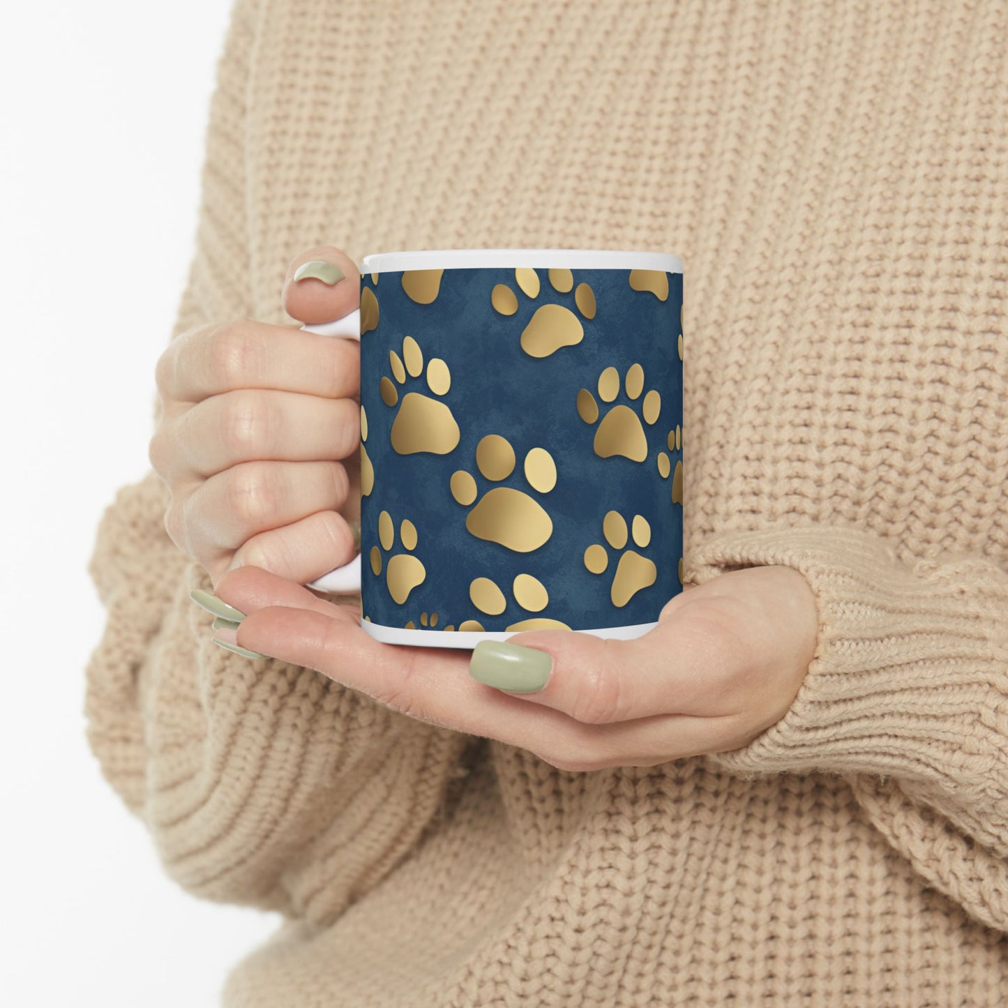 Cute Dog or Cat Paw Print Blue and Gold Ceramic Coffee Tea or Hot Chocolate Mug