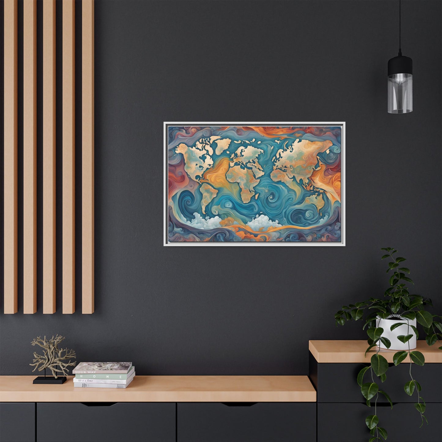 Modern Swirl Art Style Colorful Global World Map Print Matte Canvas Wall Art 3 frame colors to choose from