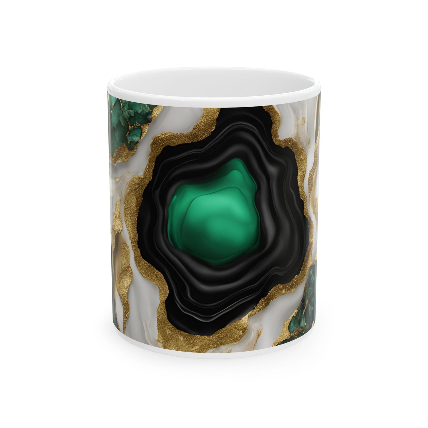 Black, White, Emerald Green and Gold Crystal Geode Design Coffee Tea Mug Boho Gemologist Gift Nature Lover Marble Rock Agate Geology Gift