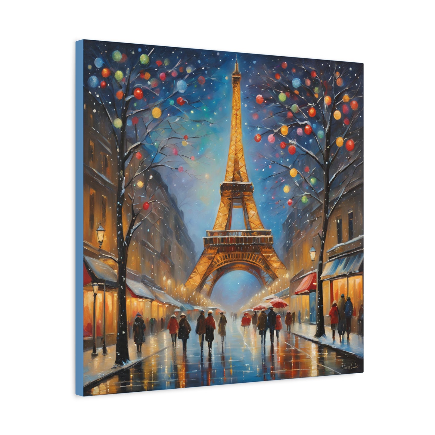 Eiffel Tower in Winter Print Wall Art Matte Stretched Canvas Paris Lover Gift France at Christmas