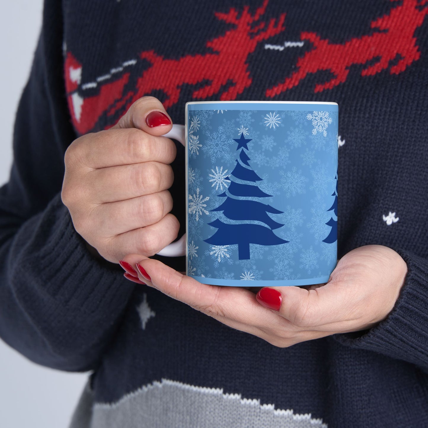 Blue and White Christmas Tree Snowflake Ceramic Coffee Tea or Hot Chocolate Holiday Gift 11 oz Mug