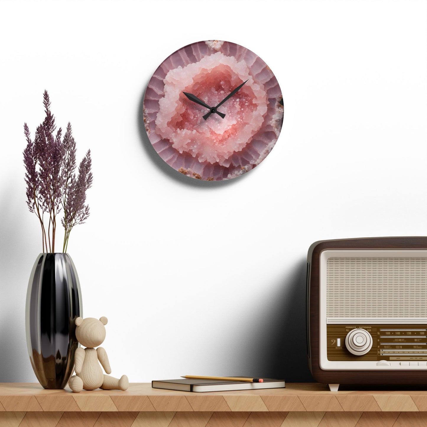 Pink Quartz Crystal Geode Unique Design Acrylic Wall Clock Agate Crystal Lover Gemologist Gift Nature Lover Rock Gift