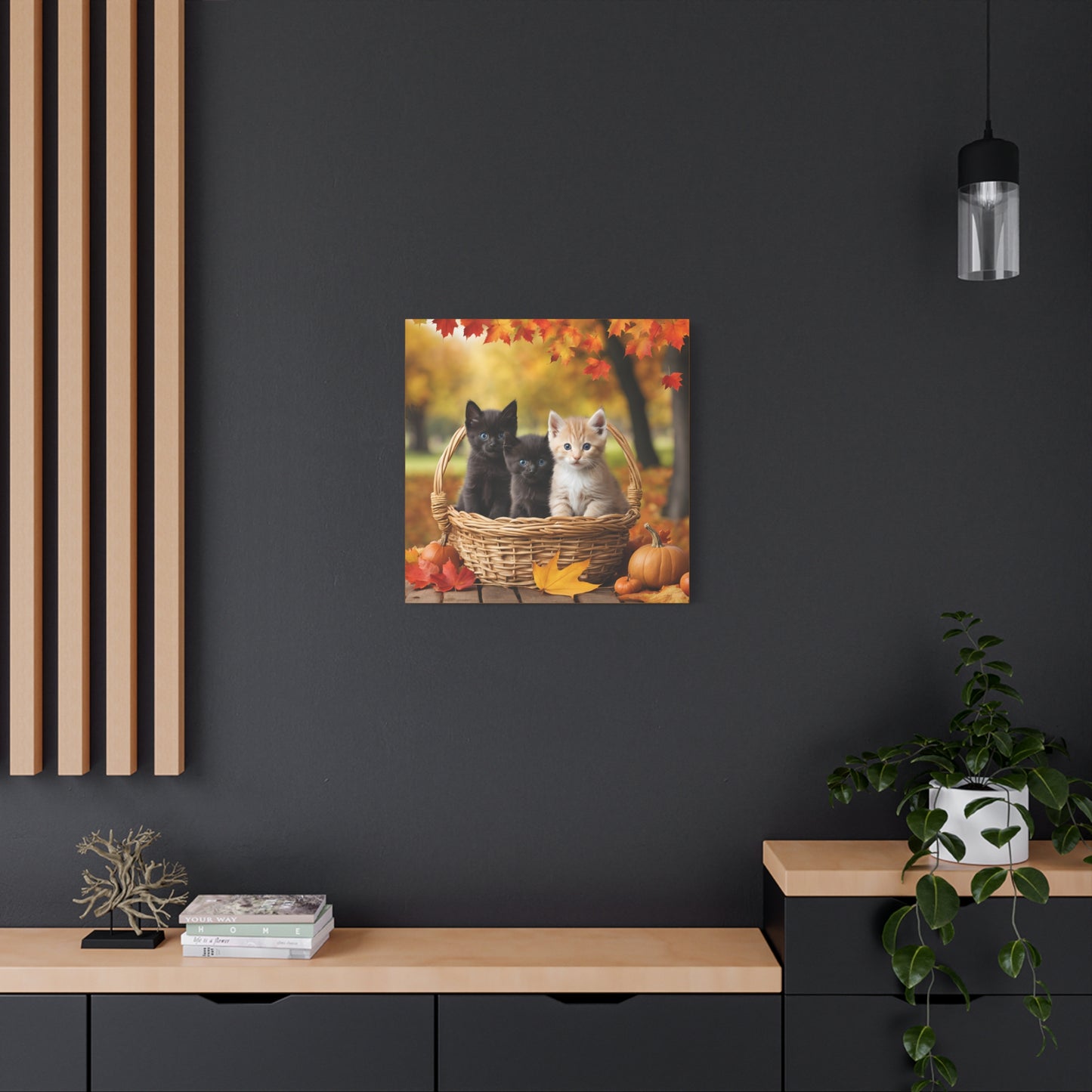 Kittens in Basket Fall Print Wall Art | Matte Canvas, Stretched, 1.25" | Cat Lover | Autumn | Pumpkins |