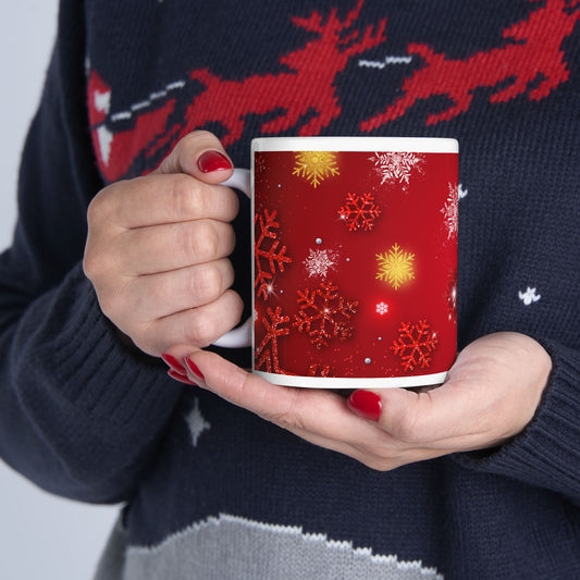 Red and Gold Snowflake Coffee Tea Mug Cottage Core Holiday Gift for Her Christmas Presents Festive Unique Holiday Gift Mug
