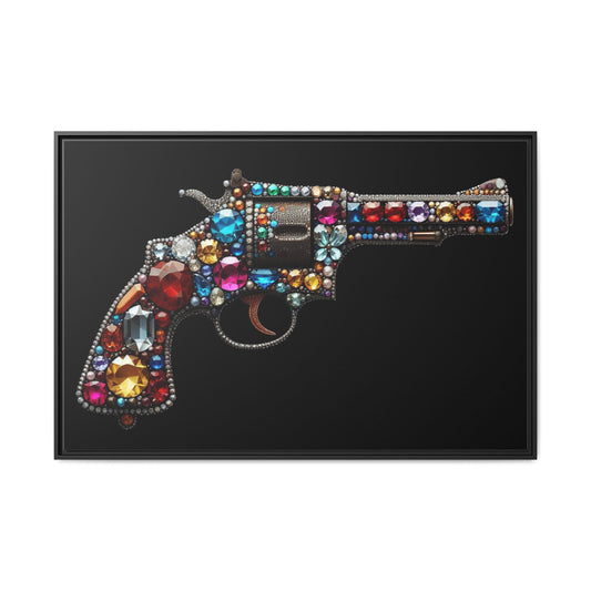 Bejeweled Revolver Print AI Design Unique Framed Canvas Print Wall Art Gun Lover Gift Edgy Glam Fantasy Weapon Decor 3 frame colors