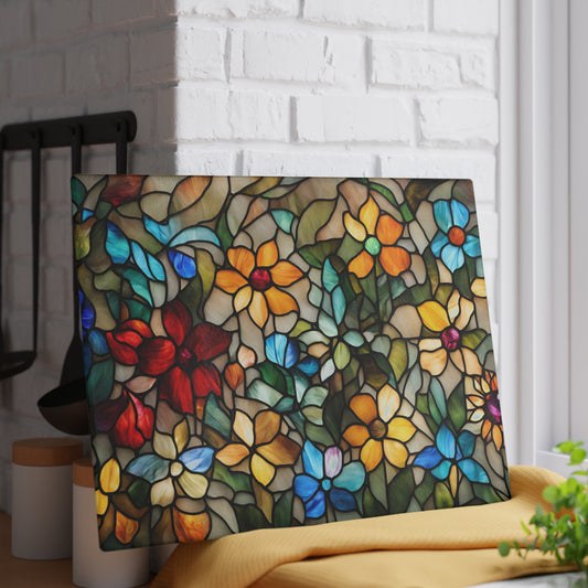 Floral Kitchen Decor Glass Cutting Board Serving Tray with Daisy Design Cutting Board Gift for Home Cook Floral Charcuterie Board