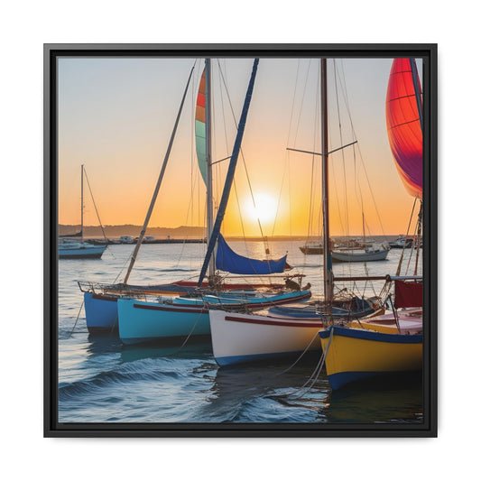 Sailboats at Sunset in Harbor Framed Canvas Wall Art Beach Lover Vacation Oceanic Gift Nature Lover Peaceful Zen Sunrise Art 3 frame colors