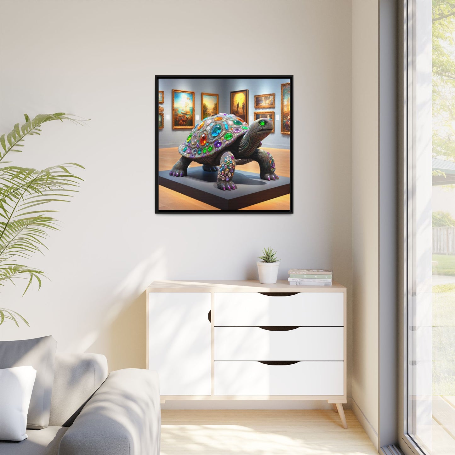 Bejeweled Turtle Framed Canvas Print Wall Art Unique Fashion Designer Haute Couture Fashionista Animal Lover Gift Decor 3 Frame Colors