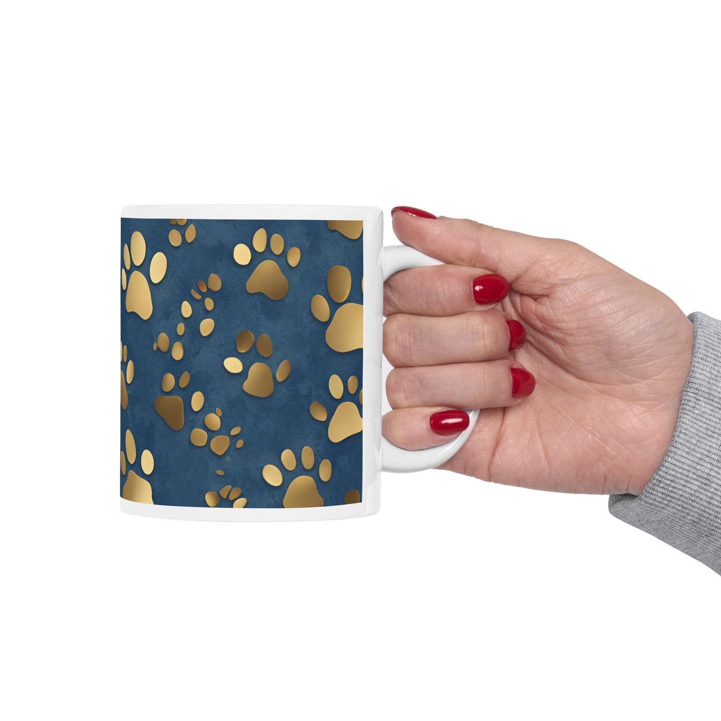 Cute Dog or Cat Paw Print Blue and Gold Ceramic Coffee Tea or Hot Chocolate Mug