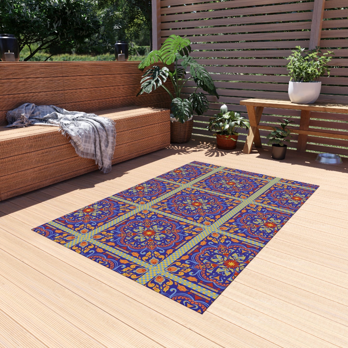 Chenille Print Pattern Outdoor Rug with No-Skid Backing Cozy Outdoor Carpet Patio Decor Gazebo Rug Pool Area Decor Outdoor Kitchen Carpet