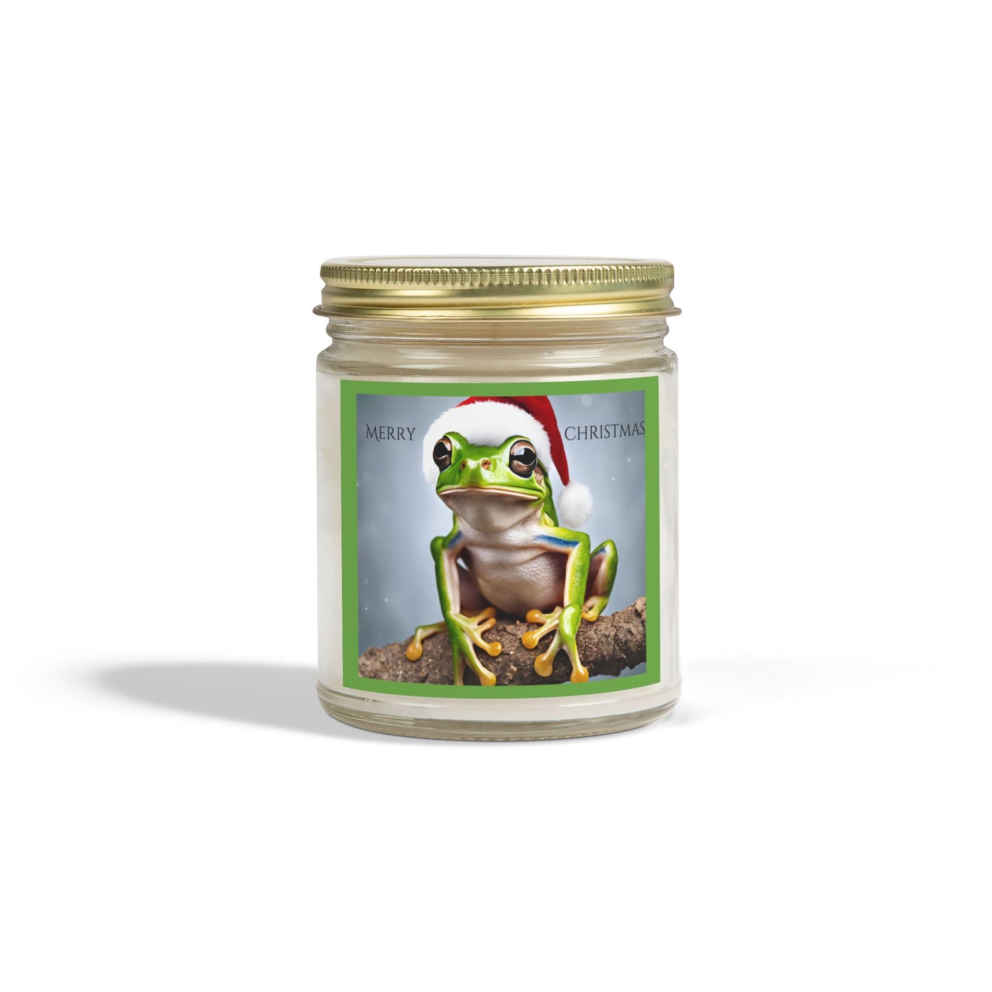 Merry Christmas Tree Frog with Santa Hat Scented Candle Holiday Winter Candle Gift Mason Jar Candle Coconut Apricot Wax (4oz, 9oz)