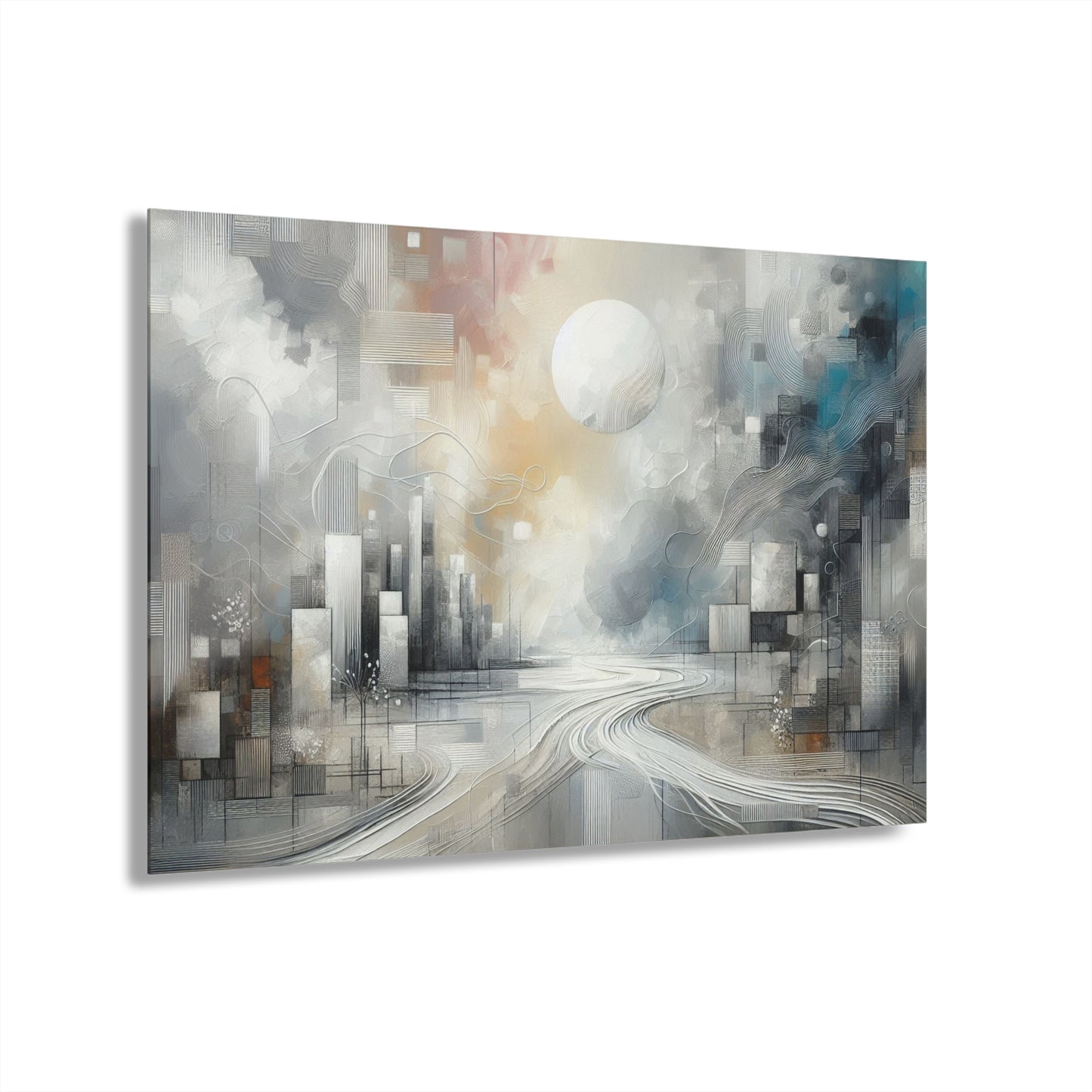 Abstract Modern Art Design Acrylic Print with Full Moon Downtown Art White Cityscape Nature Wall Art Relaxing Contemporary Artwork