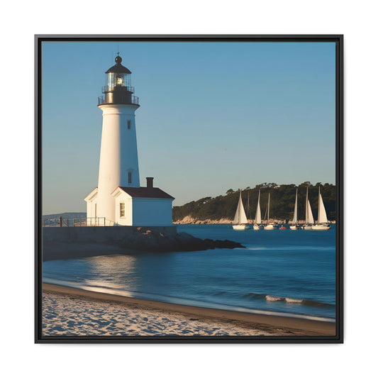 Lighthouse on the Beach Unique Framed Canvas Print Wall Art Nature Lover Gift Beachy Sailboats in the Ocean Vacation Decor 3 frame colors