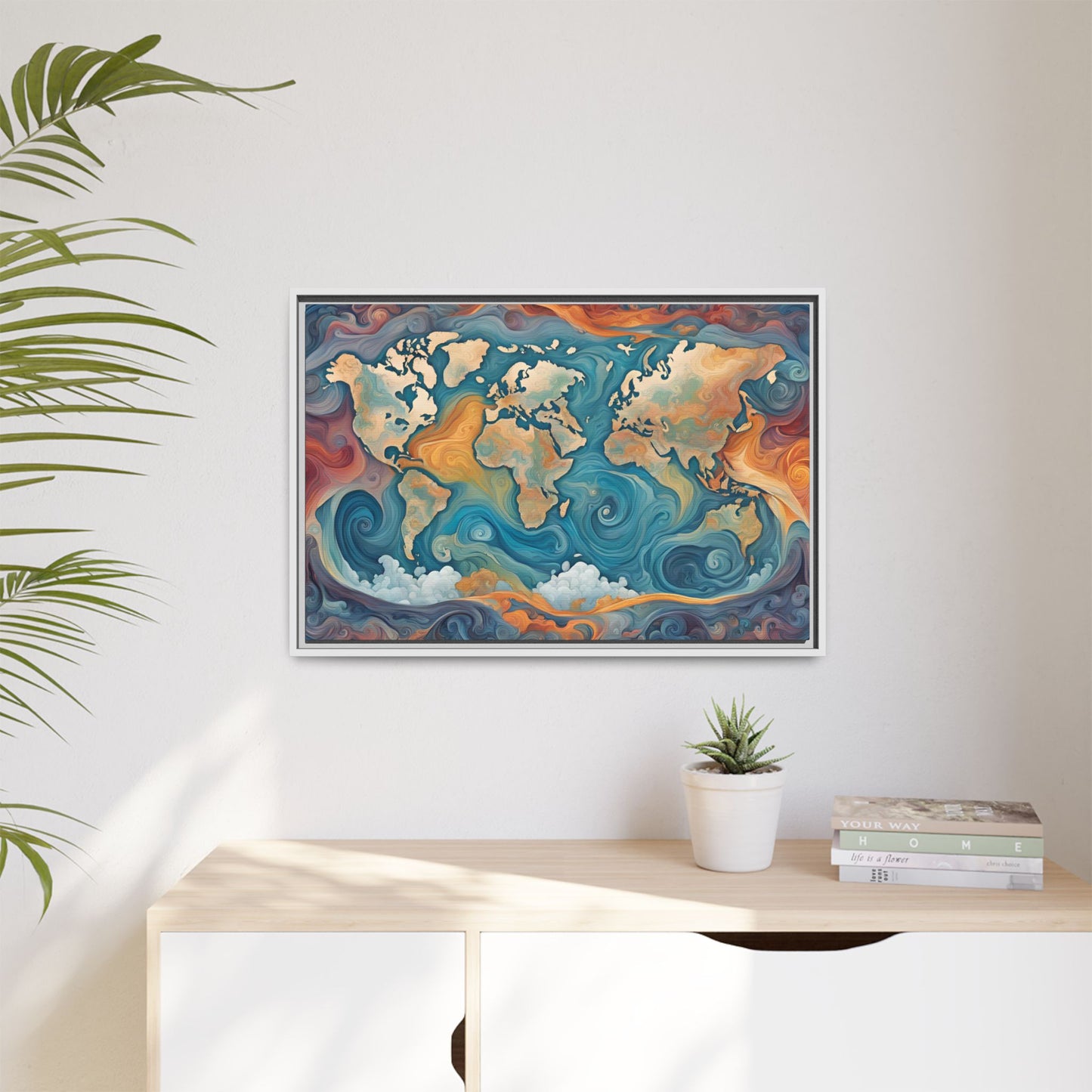 Modern Swirl Art Style Colorful Global World Map Print Matte Canvas Wall Art 3 frame colors to choose from